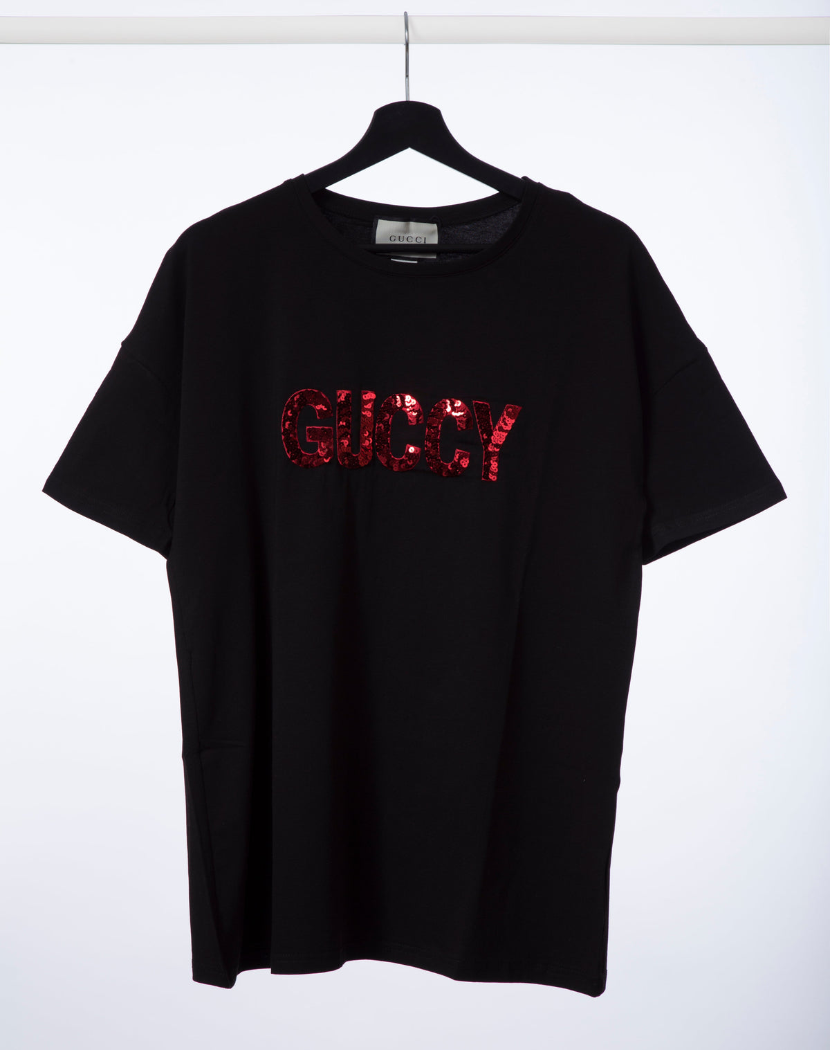 Gucci Women's Black GUCCY Red Sequin Logo T-Shirt