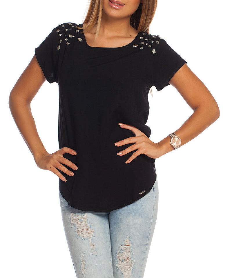 Just Cavalli Women’s Black Crystal-Embellished Cotton T-Shirt