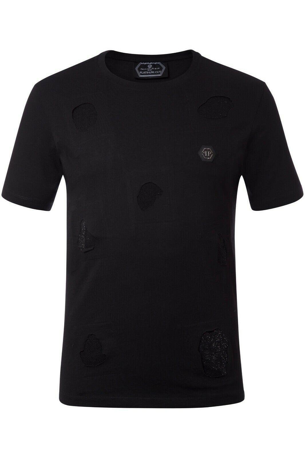 Black short-sleeve t-shirt with distressed holes and a small hexagonal logo patch on chest