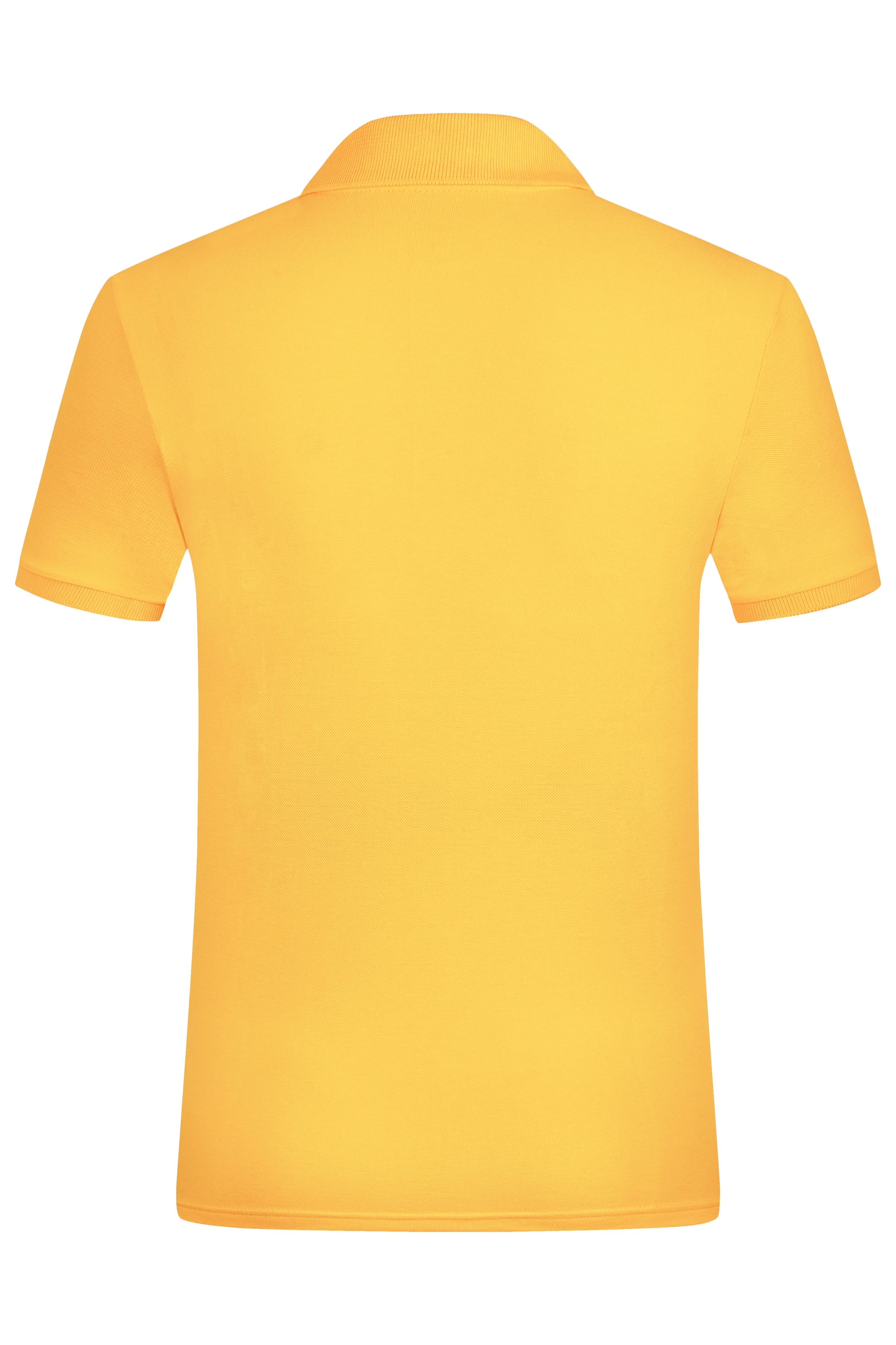 Back view of plain yellow polo shirt with short sleeves and ribbed collar