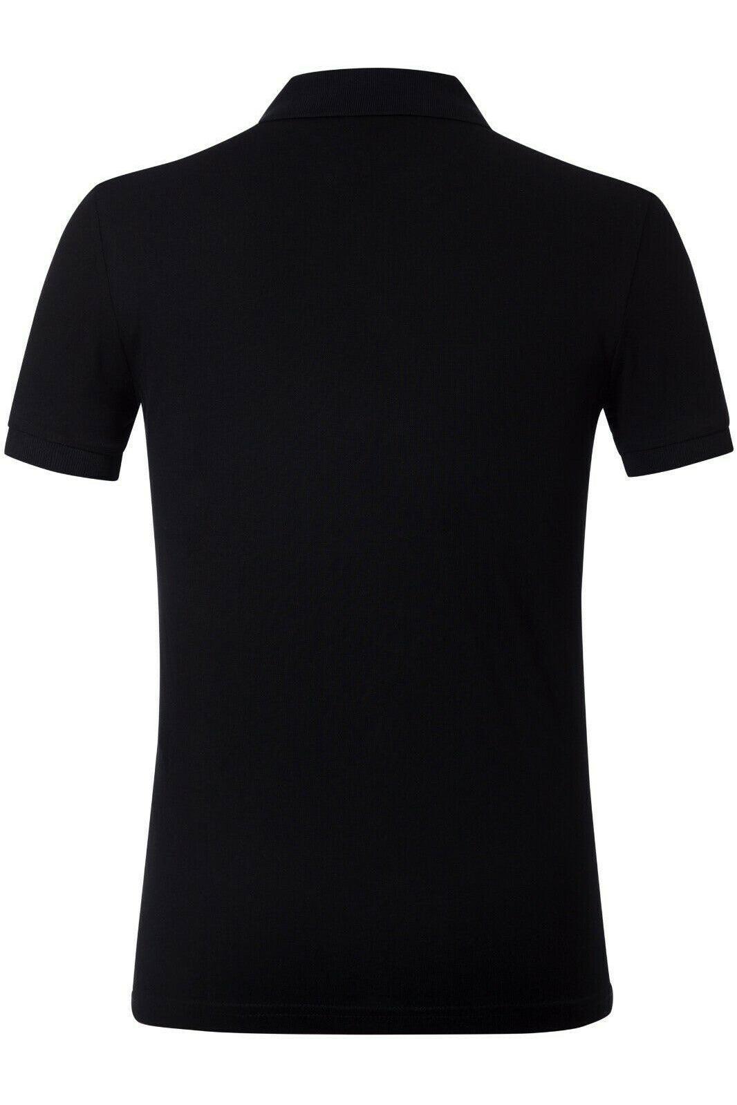 Back view of a plain black short-sleeve polo shirt with a collar
