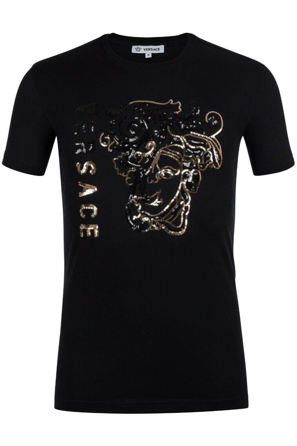 Black Versace t-shirt with sequined Medusa head and vertical logo design