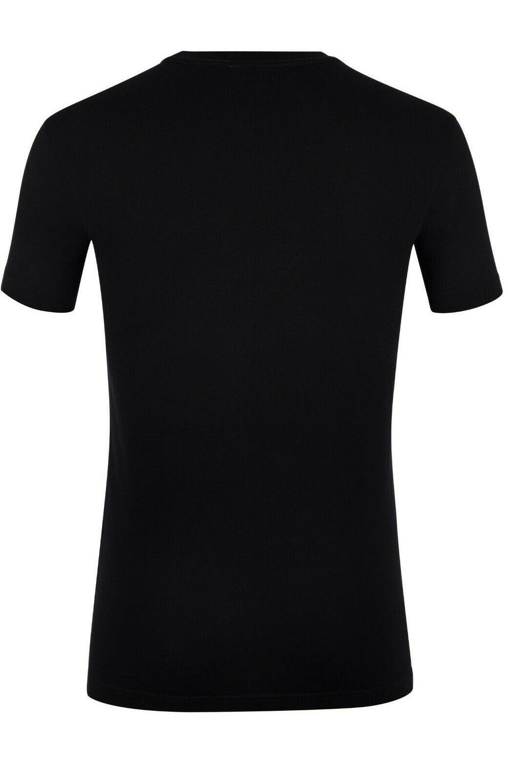 Back view of a plain black short-sleeve crew neck t-shirt against white background